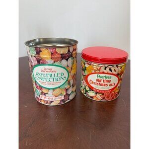 VTG Peerless Old Time Christmas Mix & Filled Confections Empty Tin Cans Lot Of 2